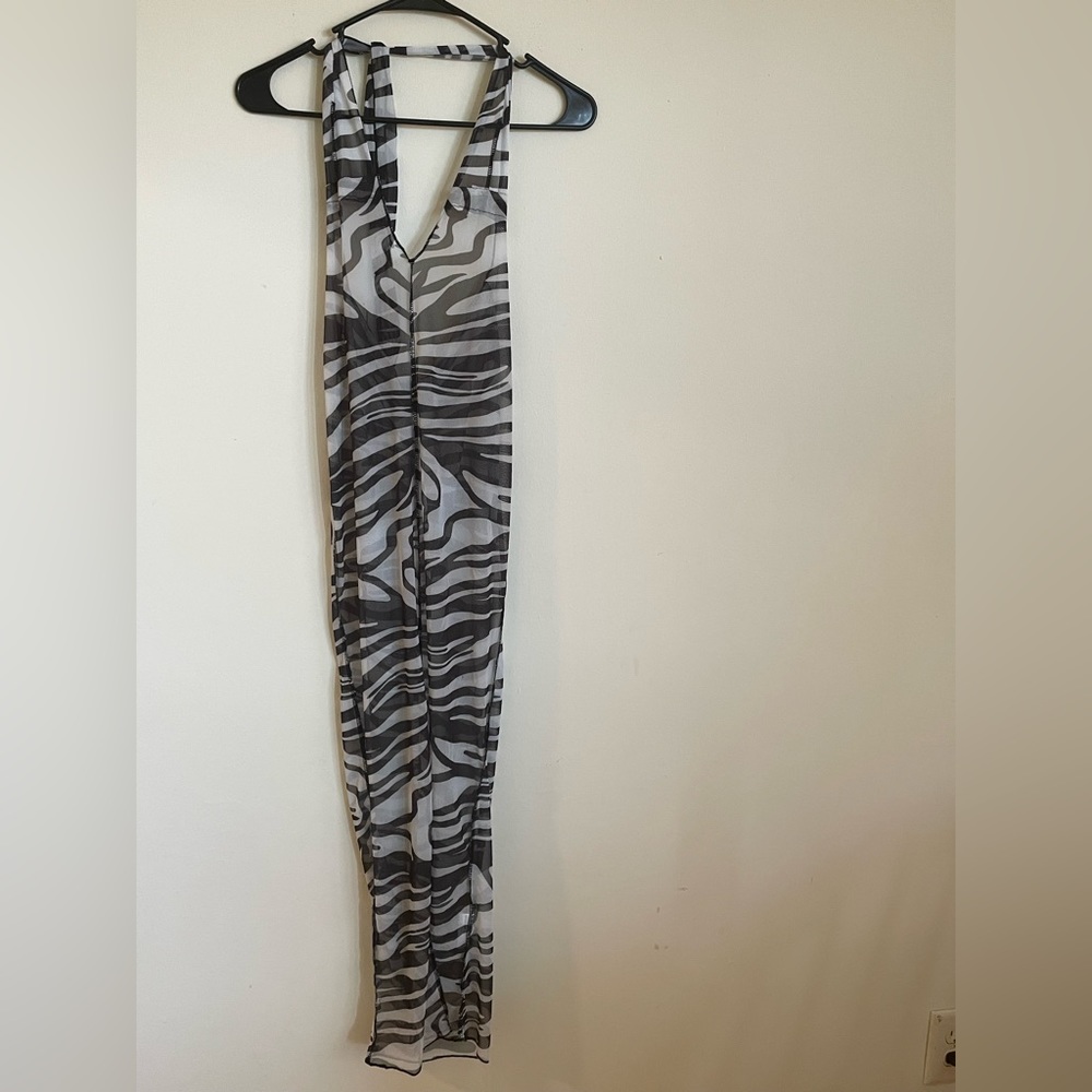 COPY - Black zebra print sheer mesh halter neck tie back maxi dress